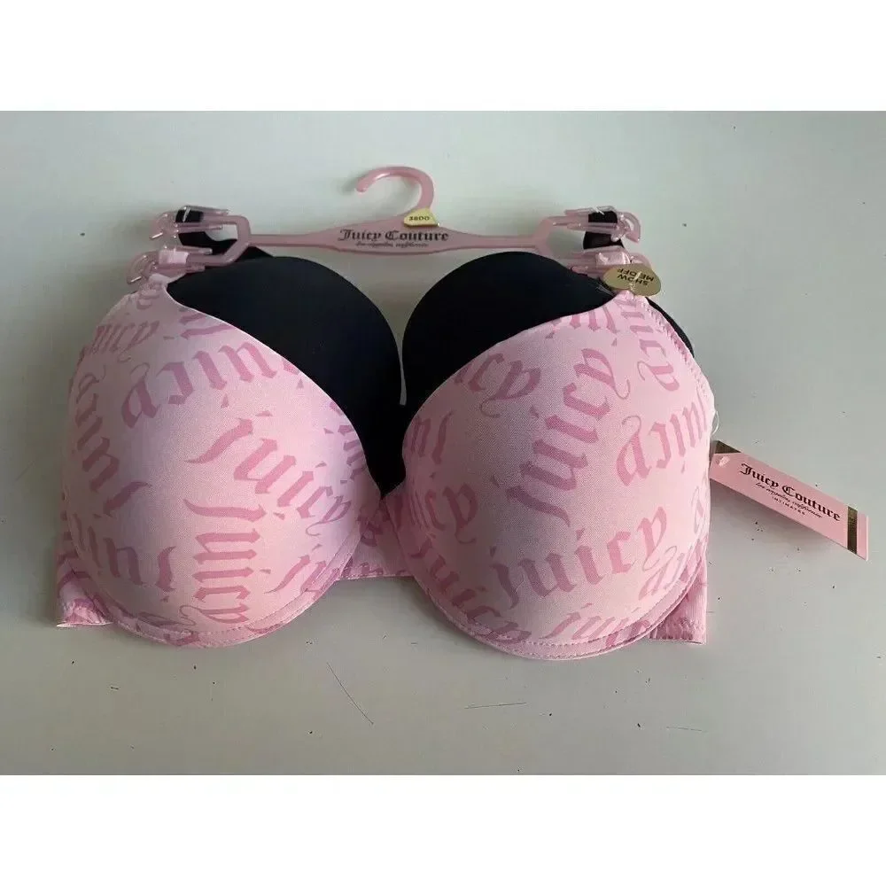 2‎ Pack Juicy Couture Bra Show Me Off JC3819 Pink Logo And Black Sz 38 DD NEW